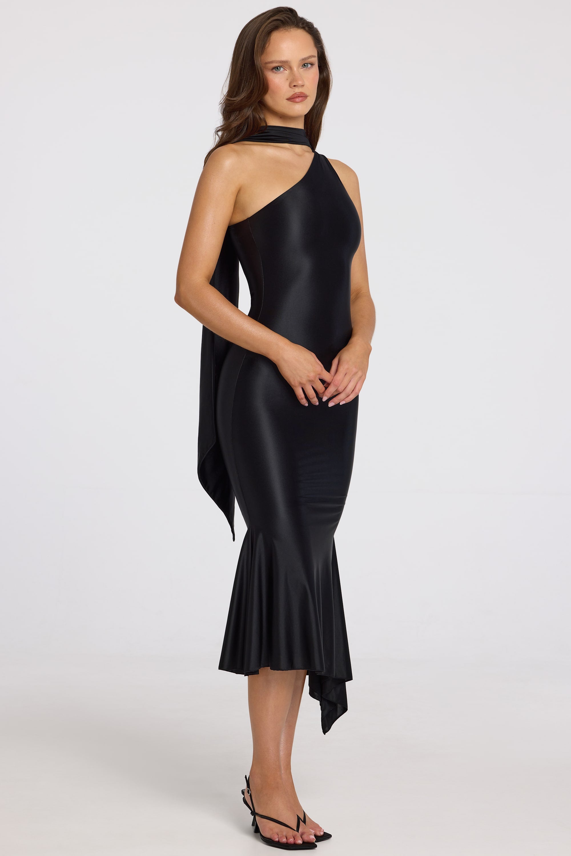 Shaya Asymmetric Scarf-Detail Midaxi Dress in Black | Oh Polly