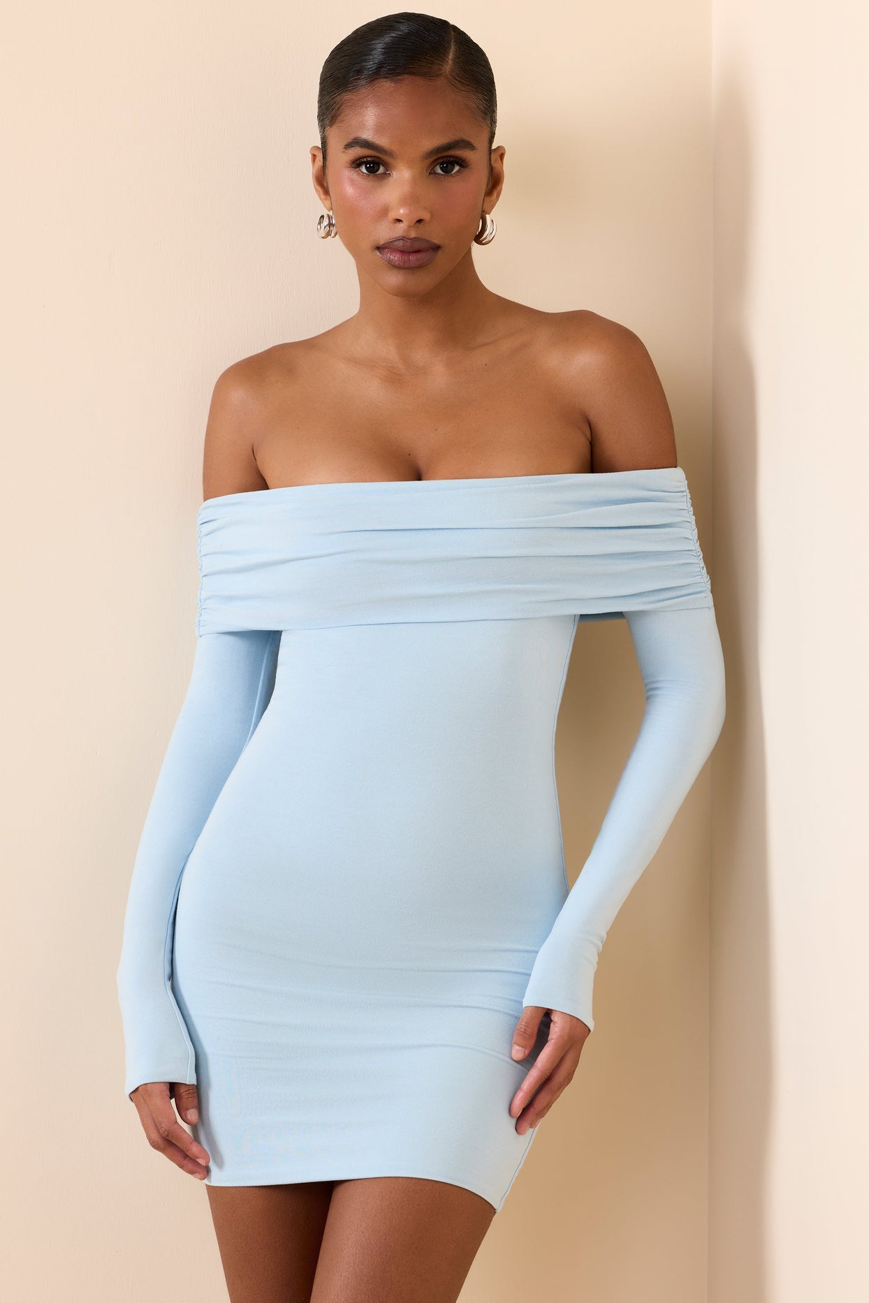 light blue off the shoulder bodycon dress Ella Light Blue Off Shoulder Formal Dress - US 2