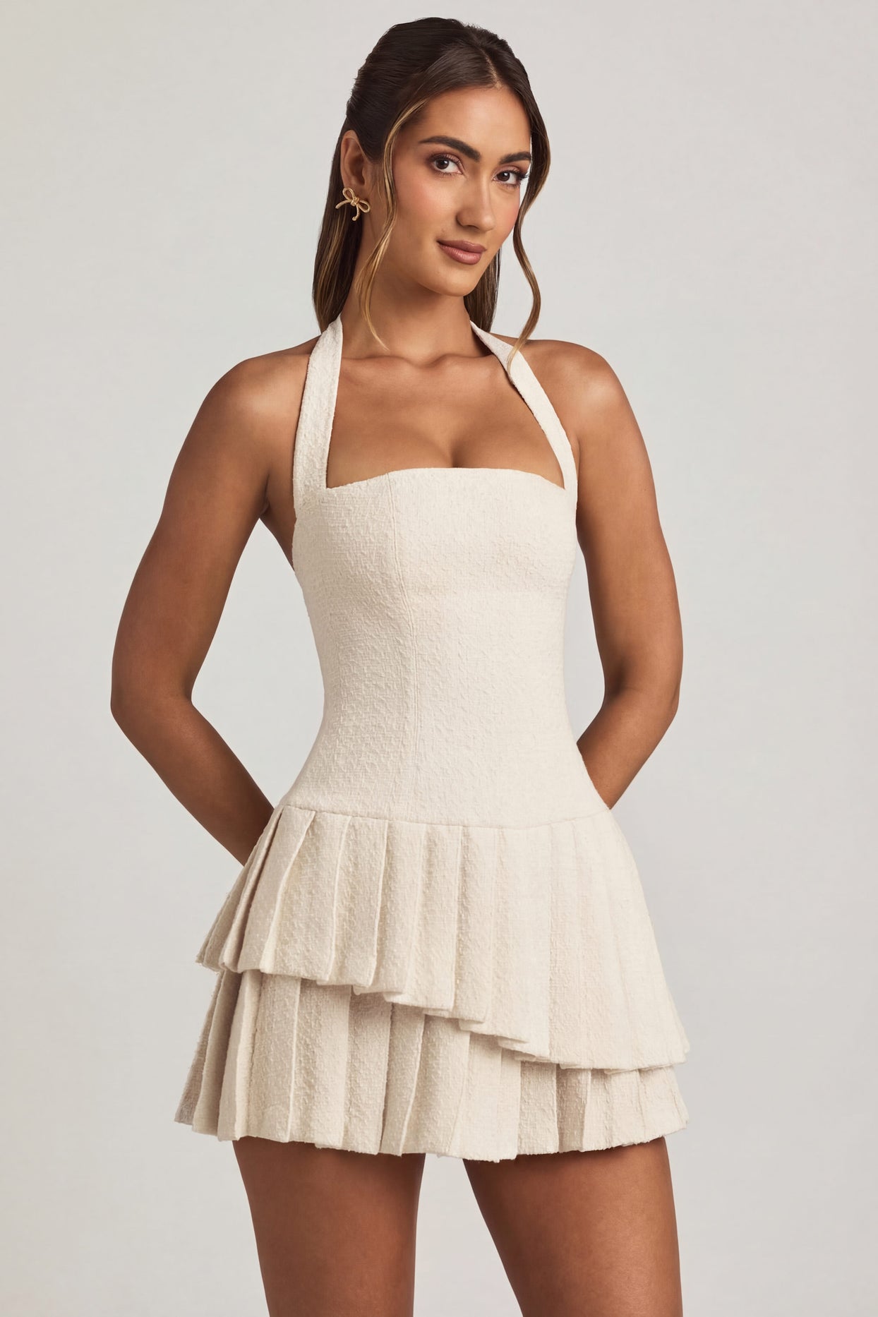 Asymmetric Layered Halterneck Mini Dress in Ivory - 6