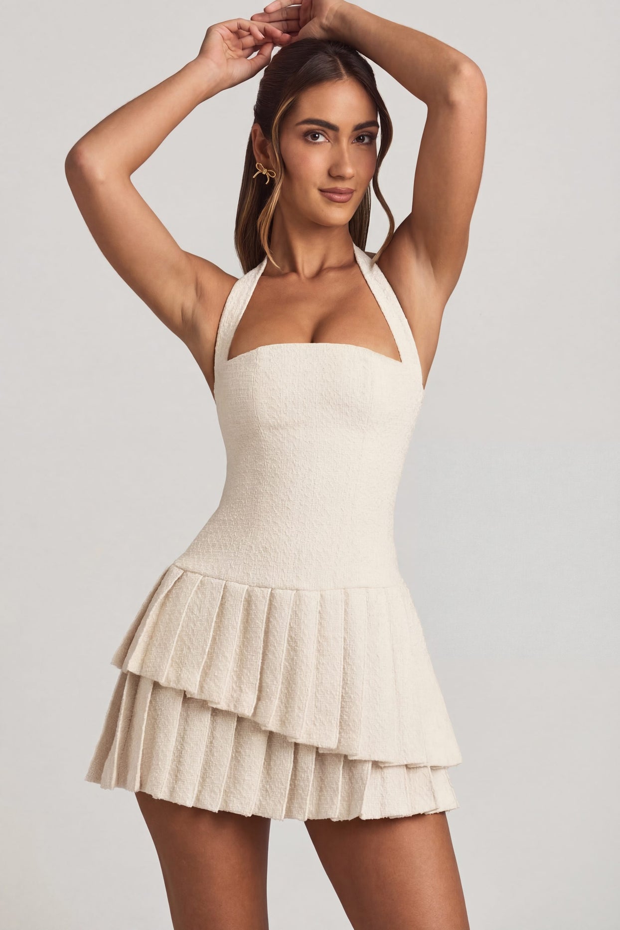Asymmetric Layered Halterneck Mini Dress in Ivory - 7