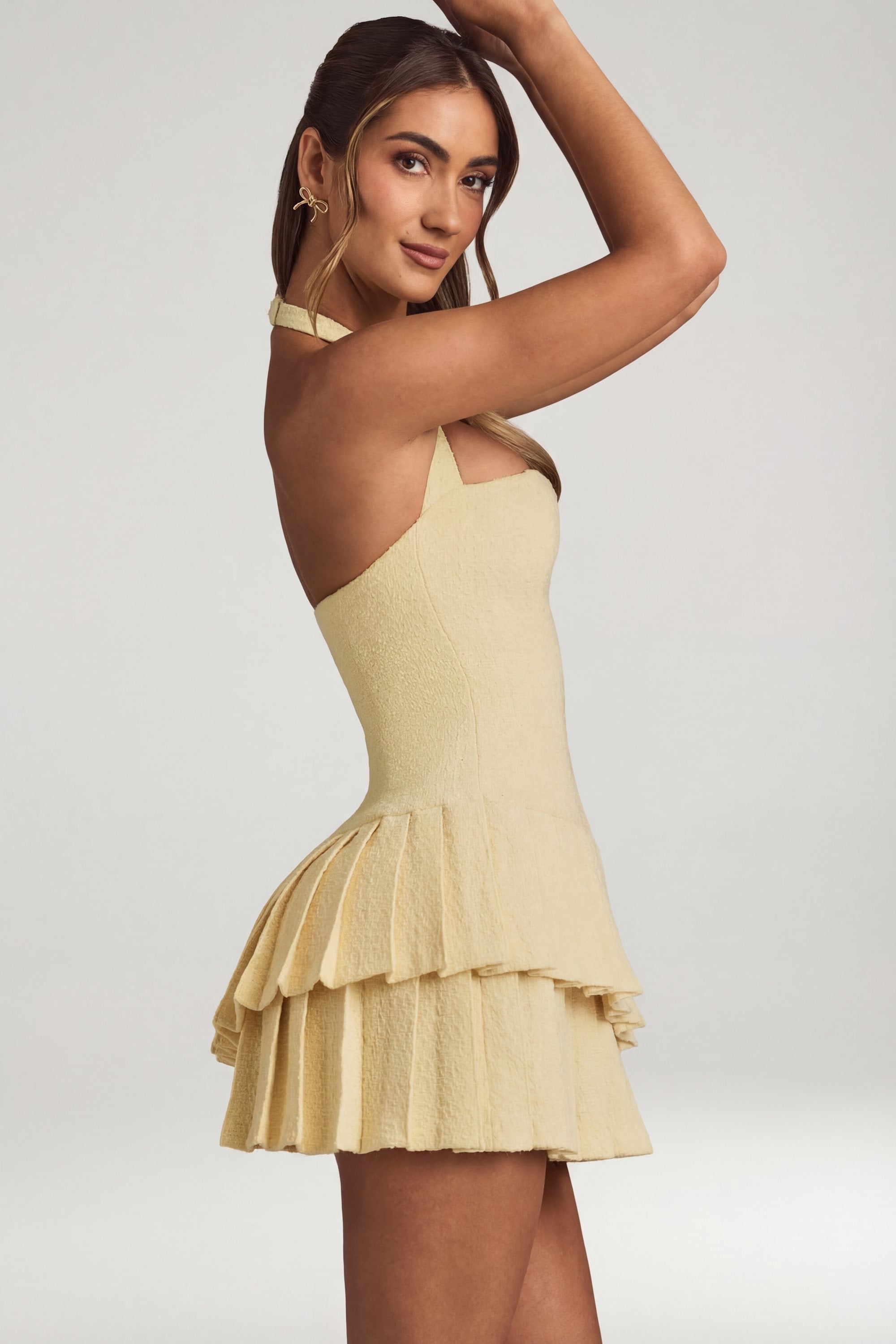 Asymmetric Layered Halterneck Mini Dress in Pastel Yellow - 8
