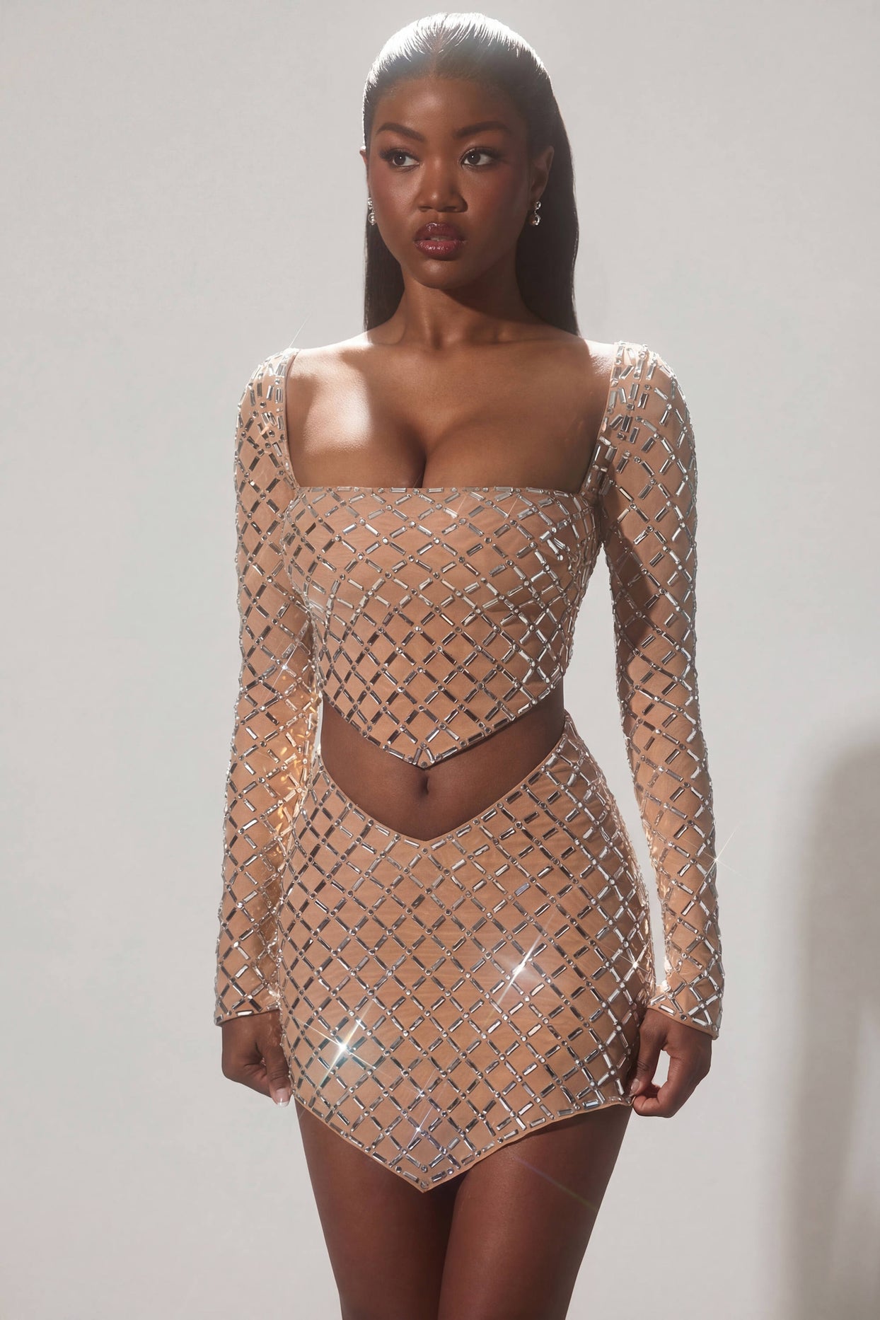 Embellished Asymmetric Mid-Rise Mini Skirt in Almond - 7
