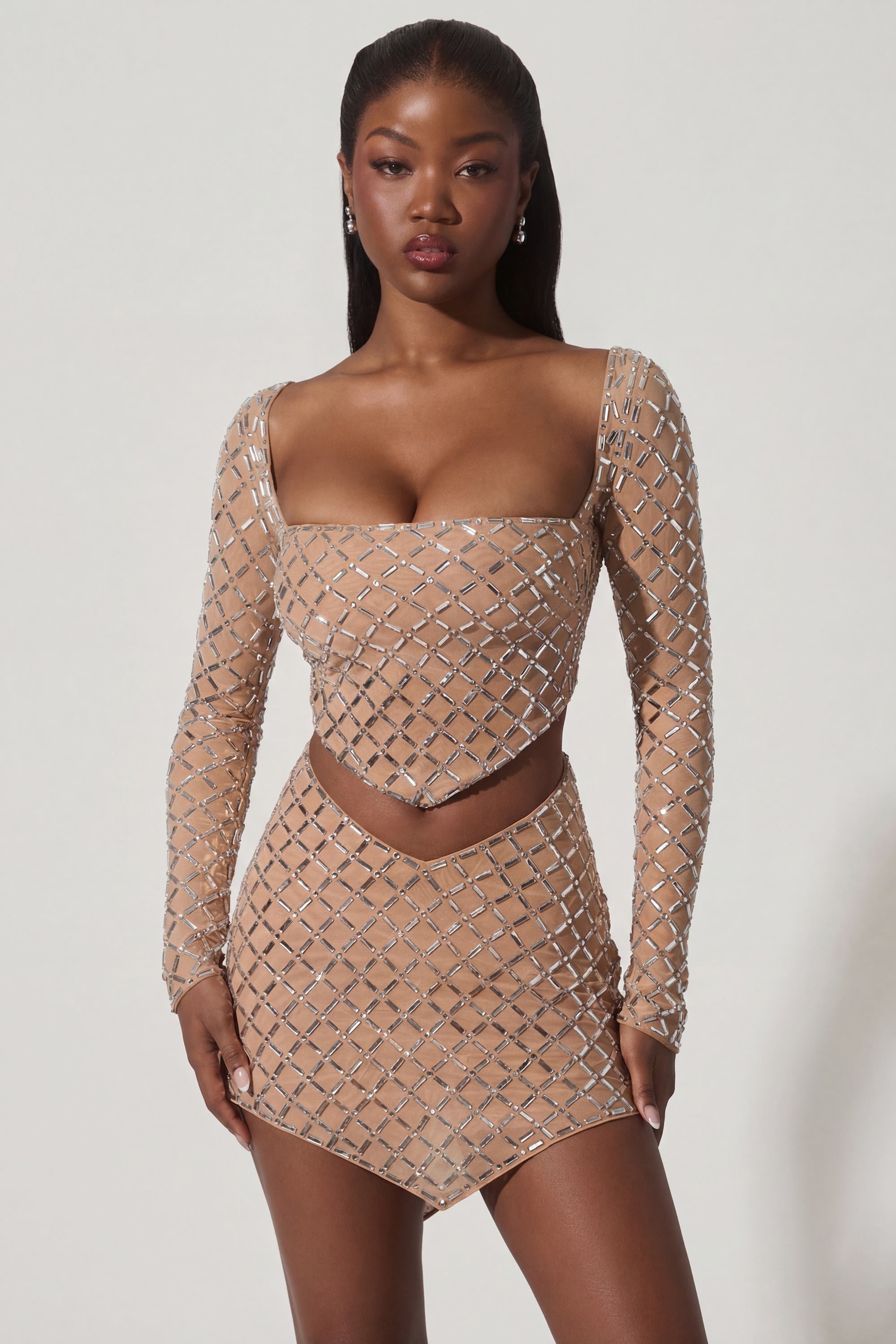 Embellished Asymmetric Mid-Rise Mini Skirt in Almond