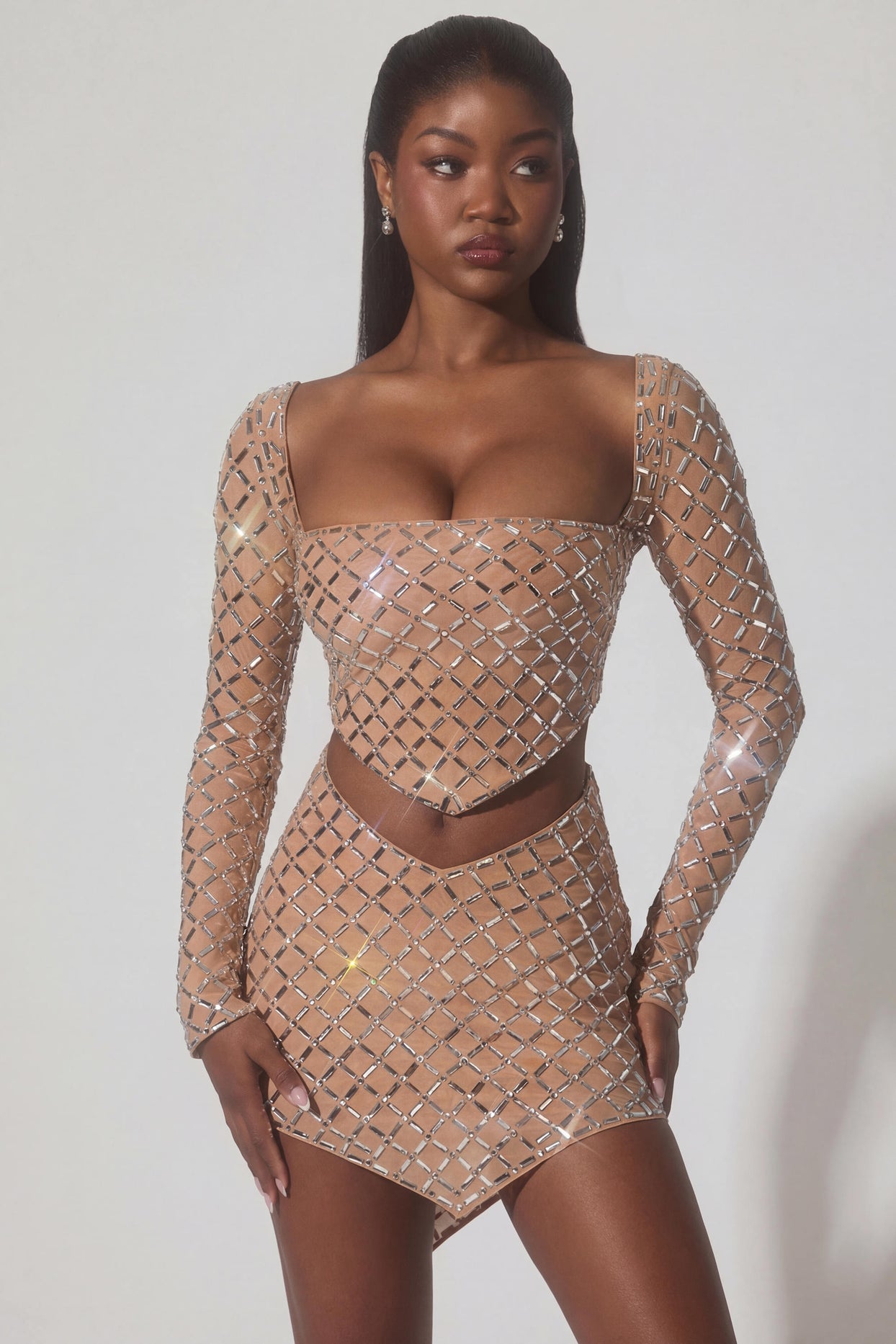 Embellished Asymmetric Mid-Rise Mini Skirt in Almond - 9