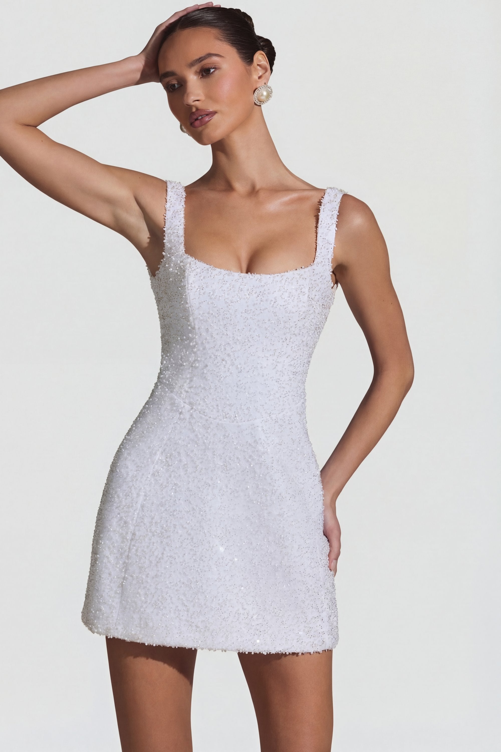 Dominique Embellished Structured A-Line Mini Dress in White