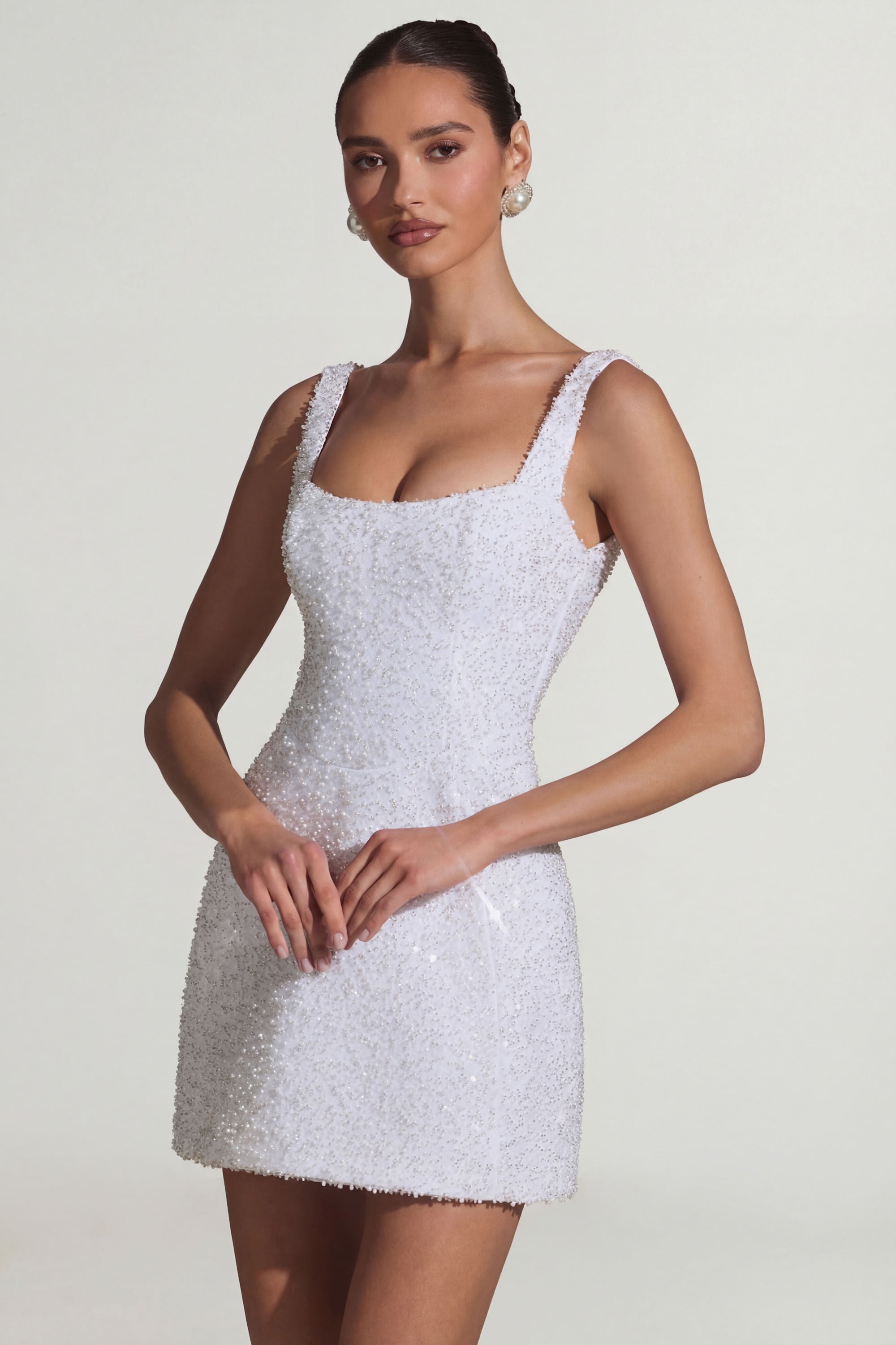 embellished white dress Crystal crepe long midi with a side slit Color: RASARIO Online Boutique 40 (FR) / White 24 Hips Ostrich Feather Embellished Strapless Mini