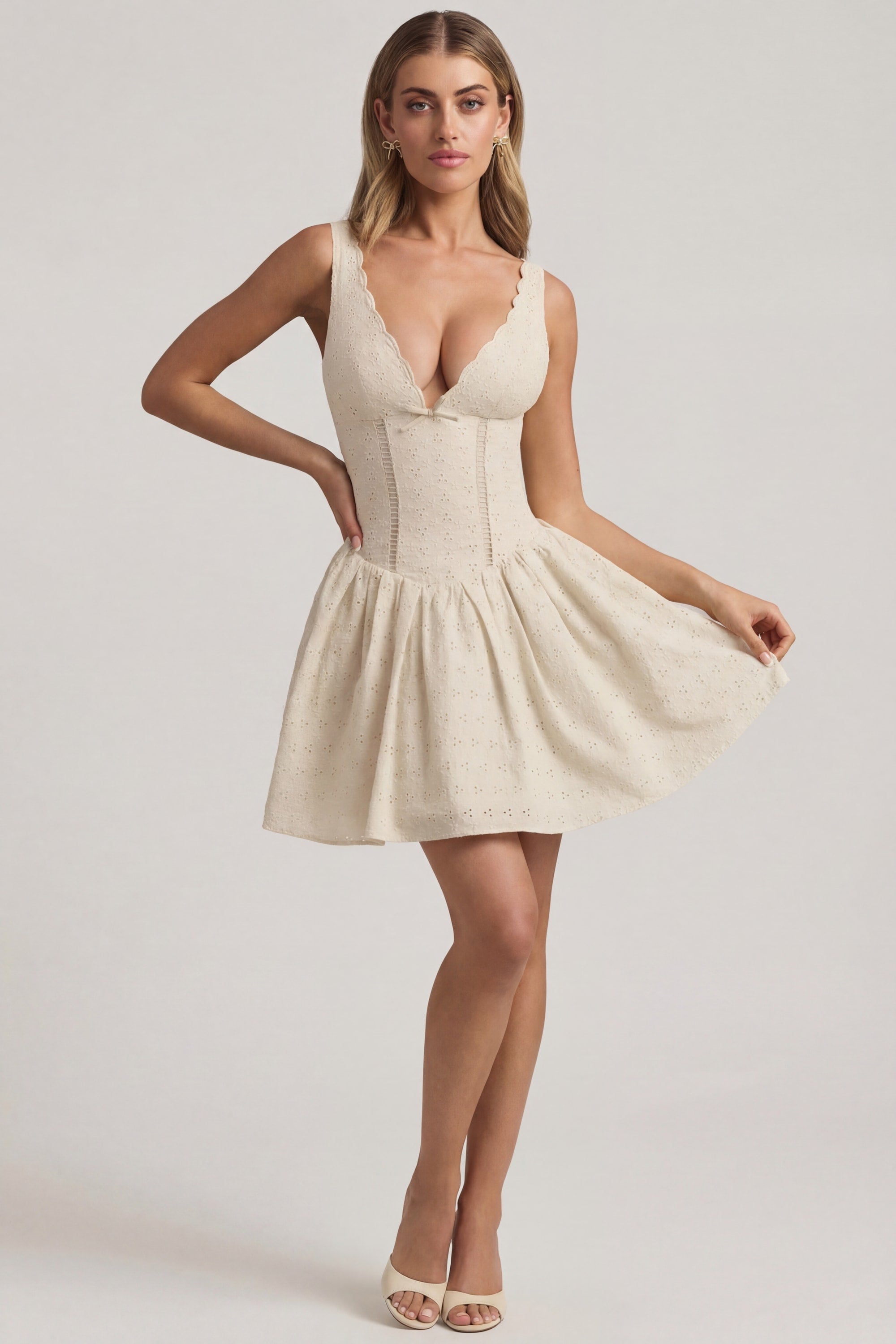 Sabina Broderie Anglaise Bow-Detail A-Line Mini Dress in Ivory
