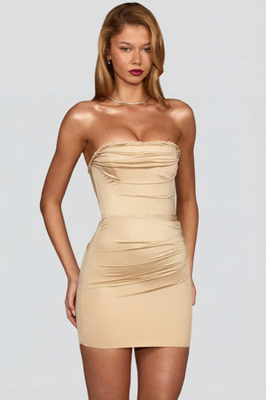 Satin Scalloped-Bandeau Ruched Mini Dress in Champagne - 8 | Oh Polly Satin Scalloped-Bandeau Ruched Mini Dress in Champagne - 8 | Oh Polly