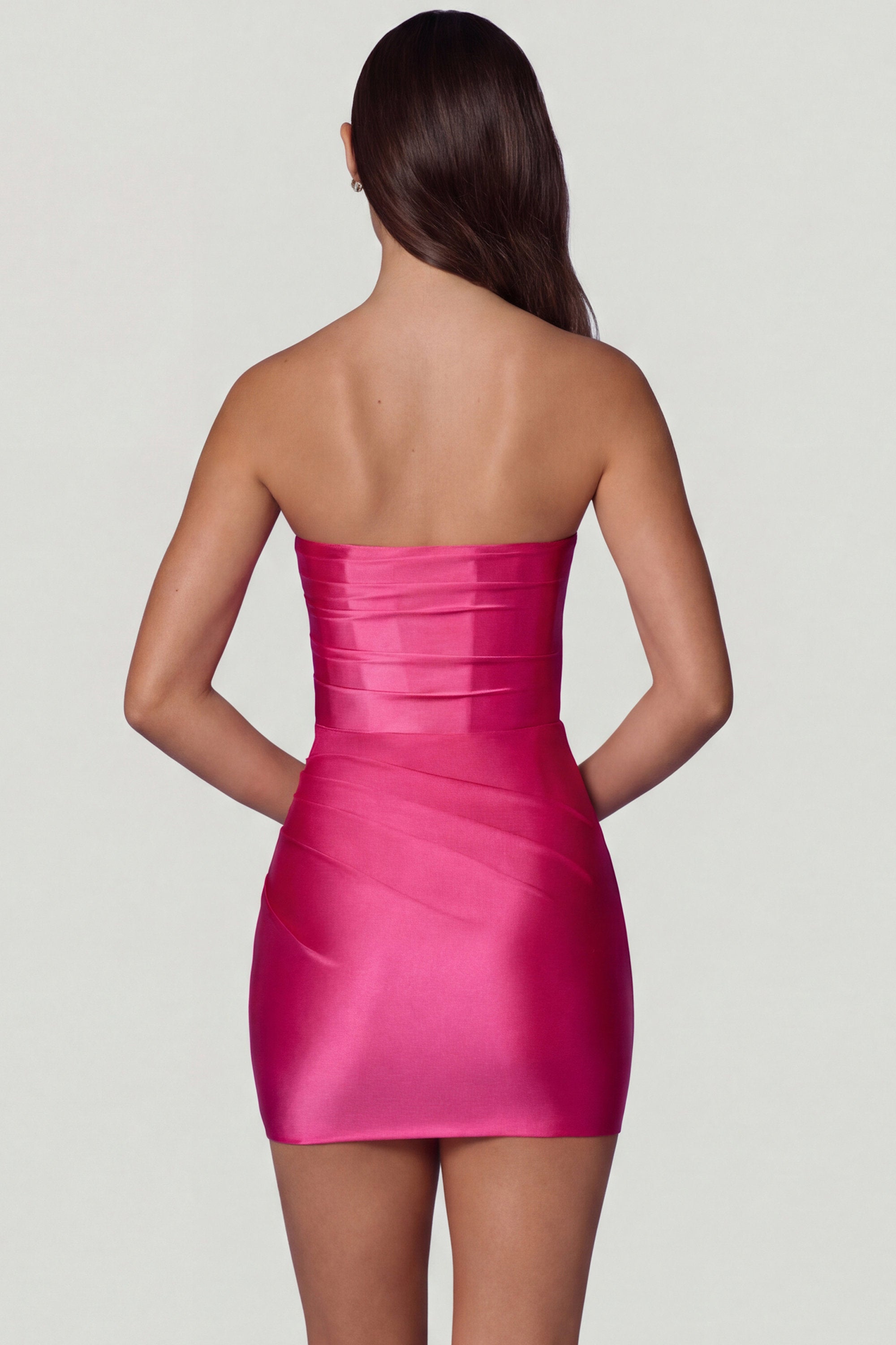Ruched Bandeau Mini Dress in Hot Pink - 12