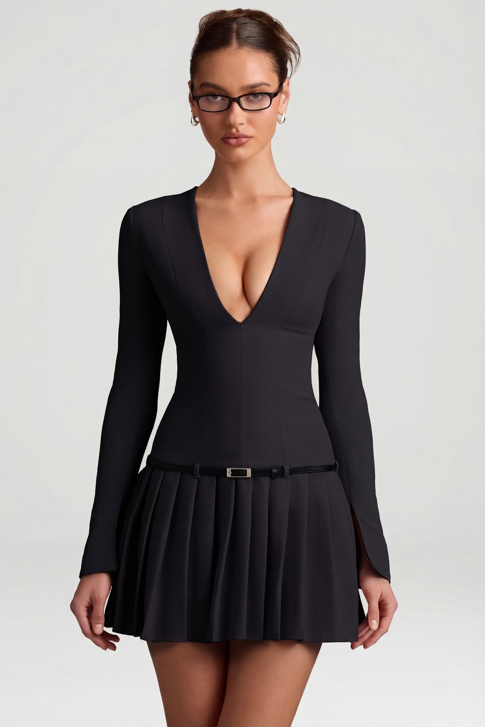 Long-Sleeve Pleated Mini Dress in Black - 1