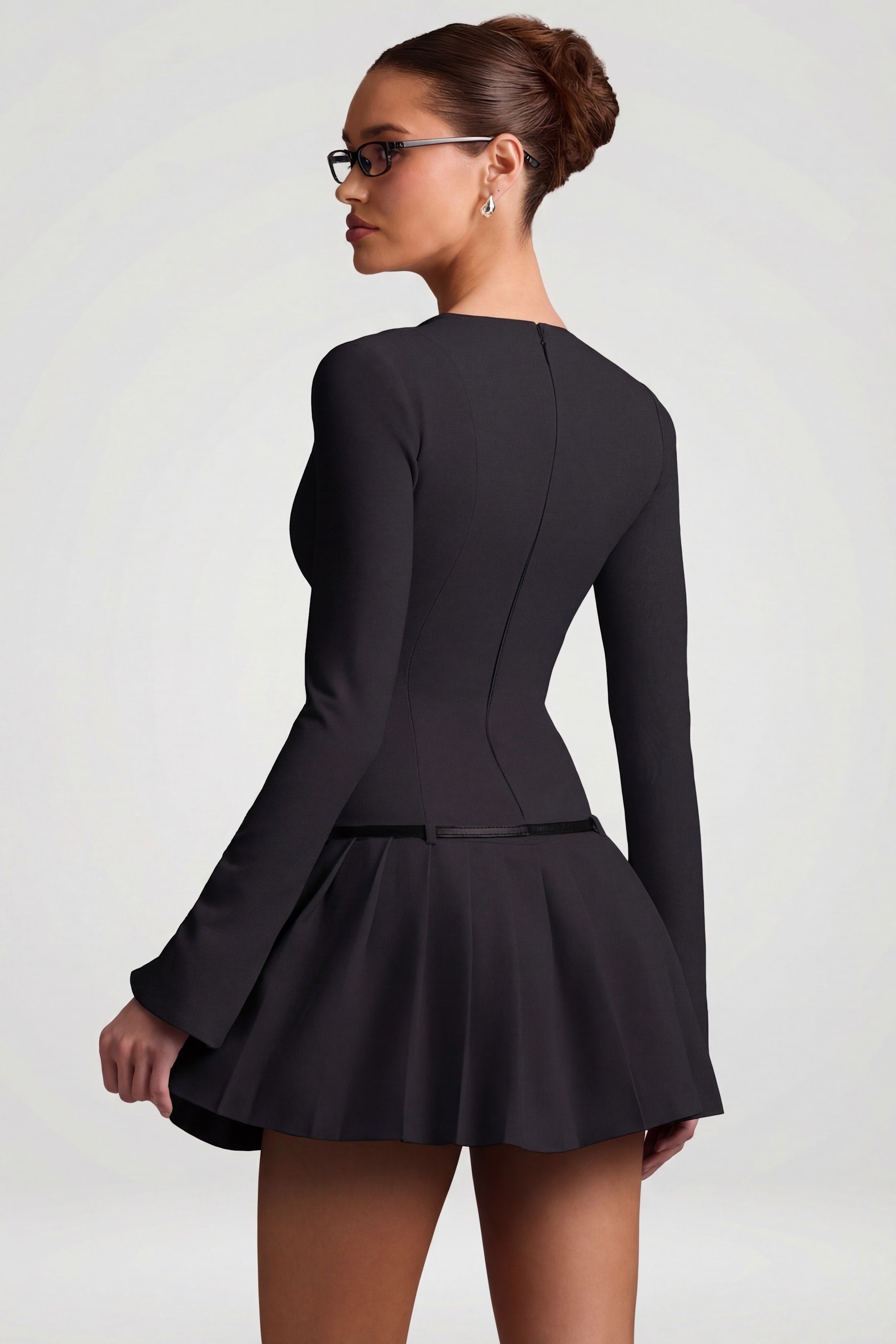 Long-Sleeve Pleated Mini Dress in Black - 6