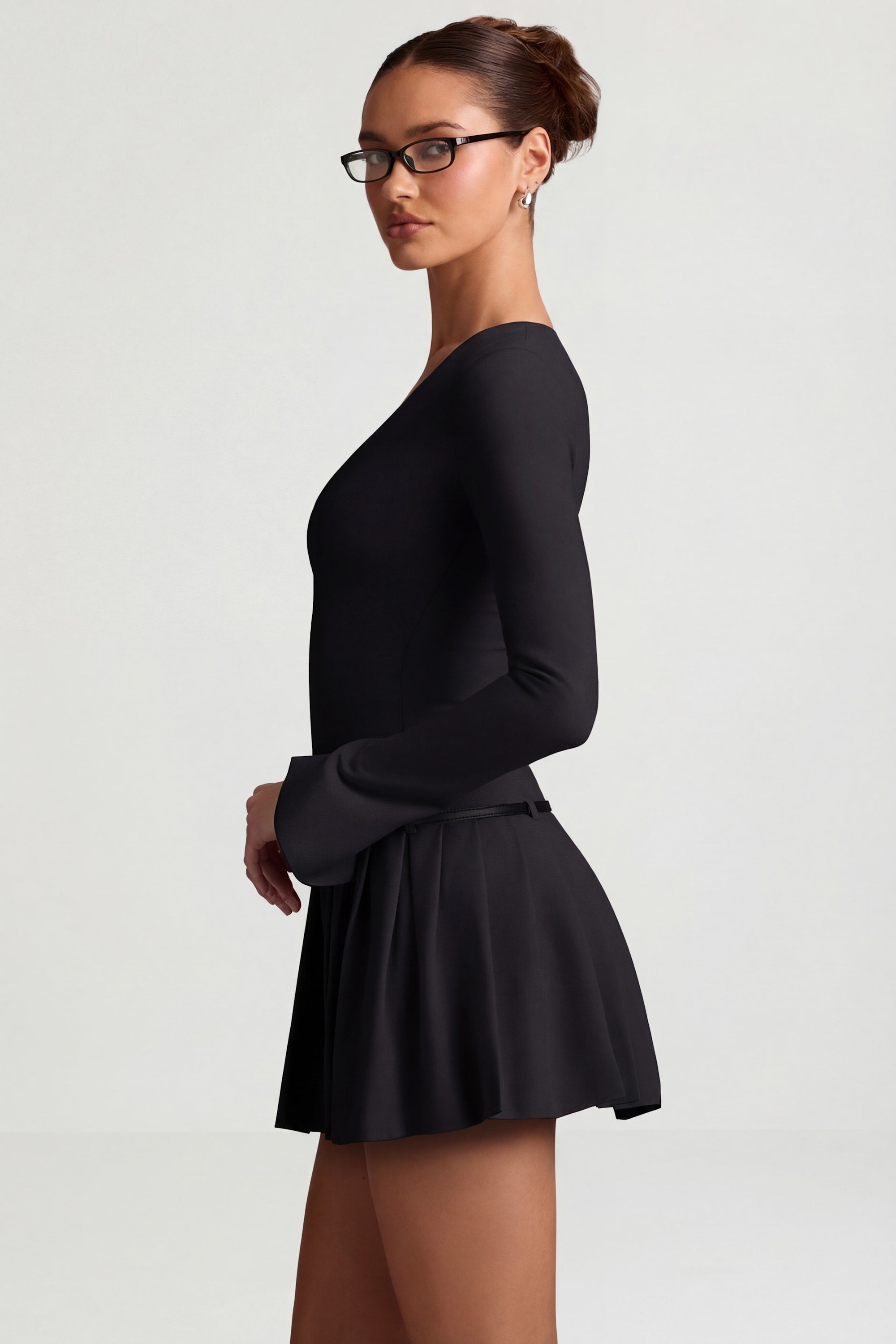 Long-Sleeve Pleated Mini Dress in Black