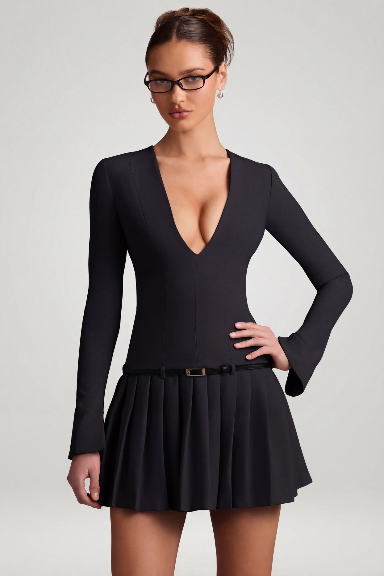Long-Sleeve Pleated Mini Dress in Black - 6