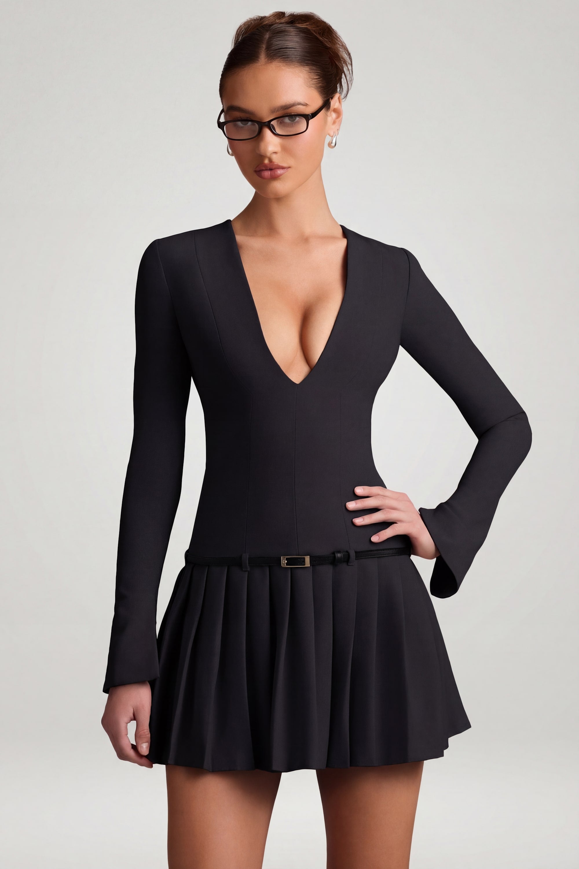 Long-Sleeve Pleated Mini Dress in Black - 6