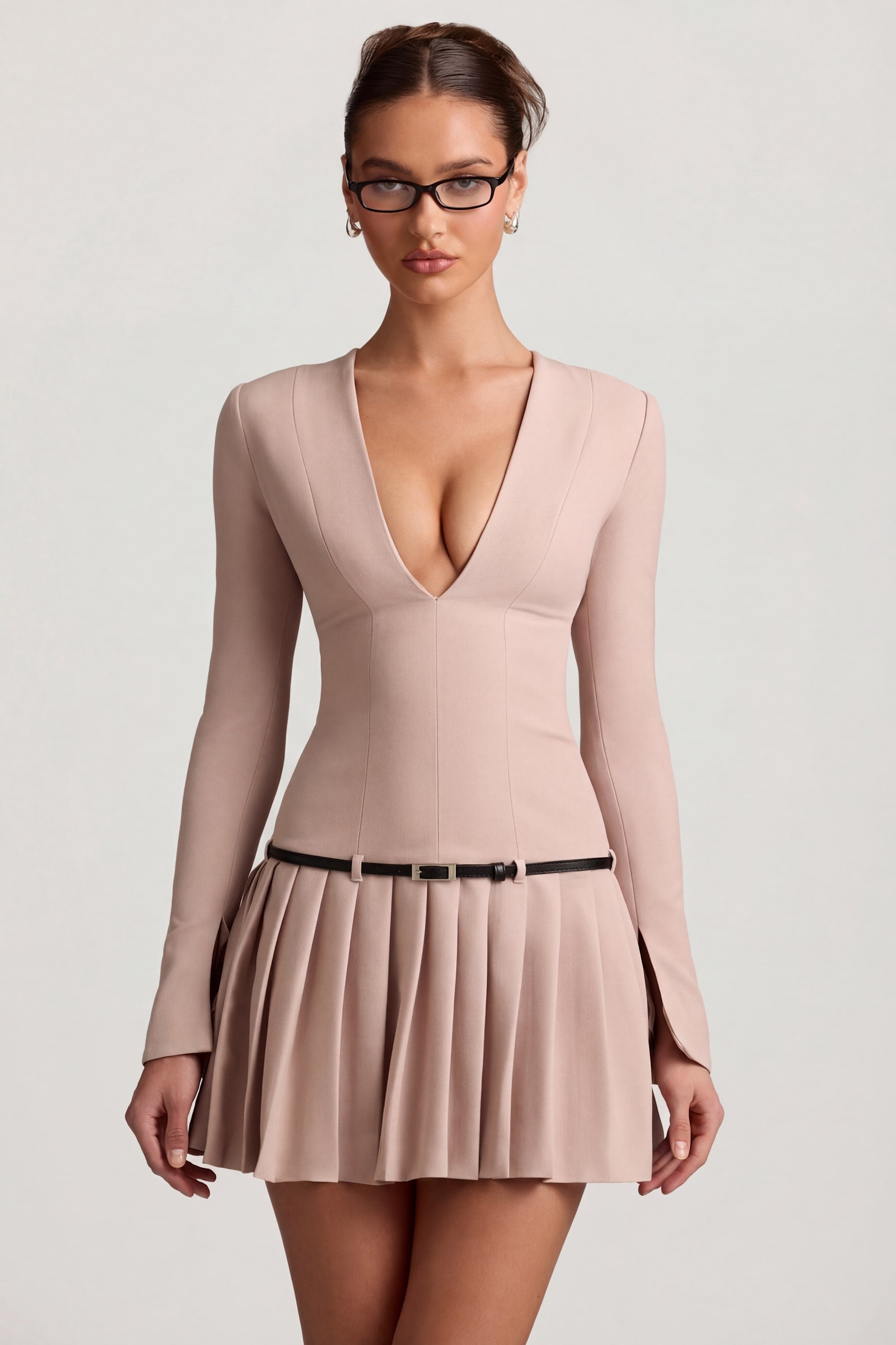 Long-Sleeve Pleated Mini Dress in Mushroom - 6