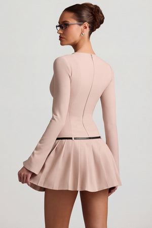 Long-Sleeve Pleated Mini Dress in Mushroom - 6 | Oh Polly Long-Sleeve Pleated Mini Dress in Mushroom - 6 | Oh Polly