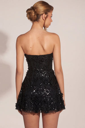 Embellished Appliqué Sweetheart Mini Dress in Black