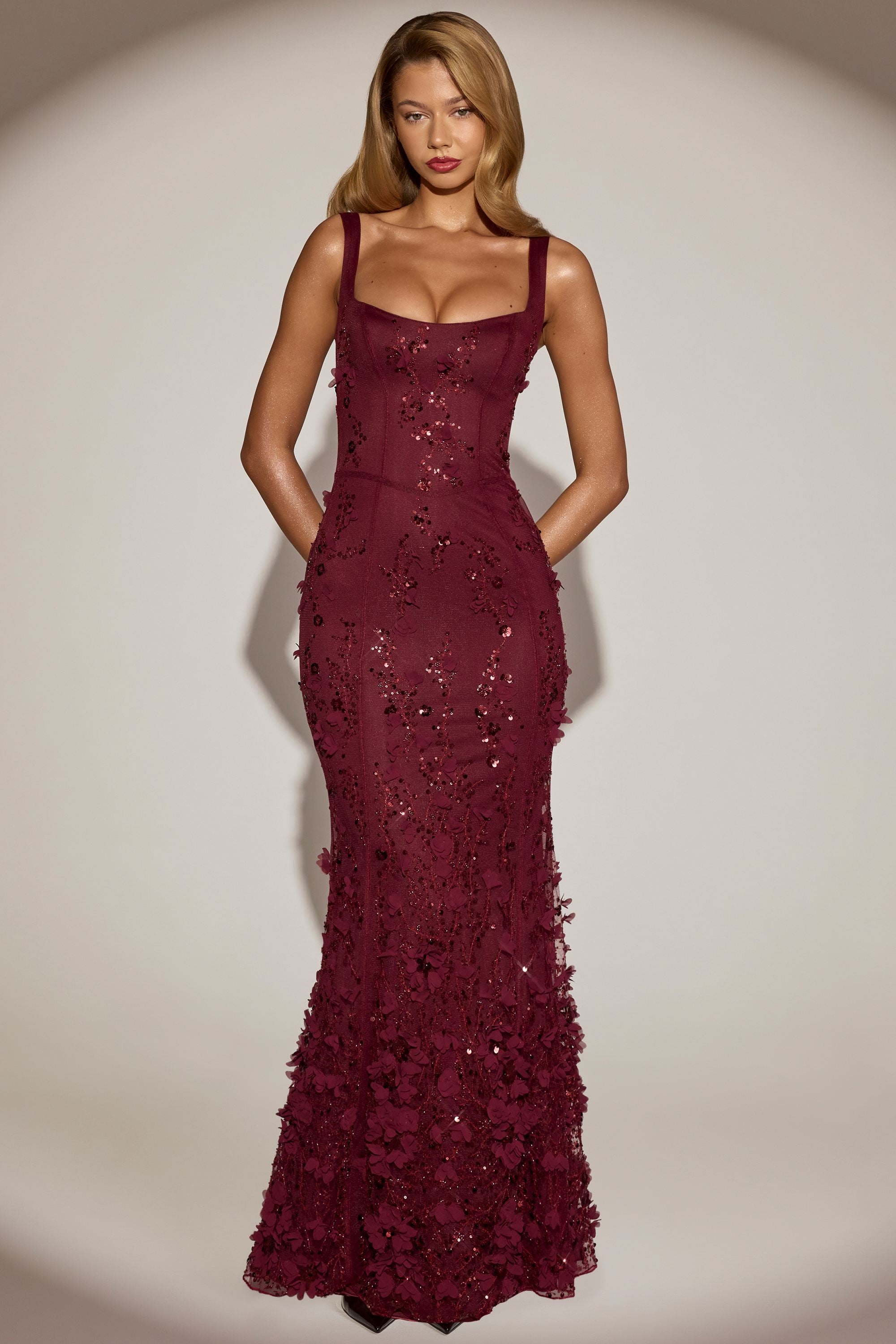 Embellished Appliqué Soft-Scoop Corset Gown in Wine Red - 2