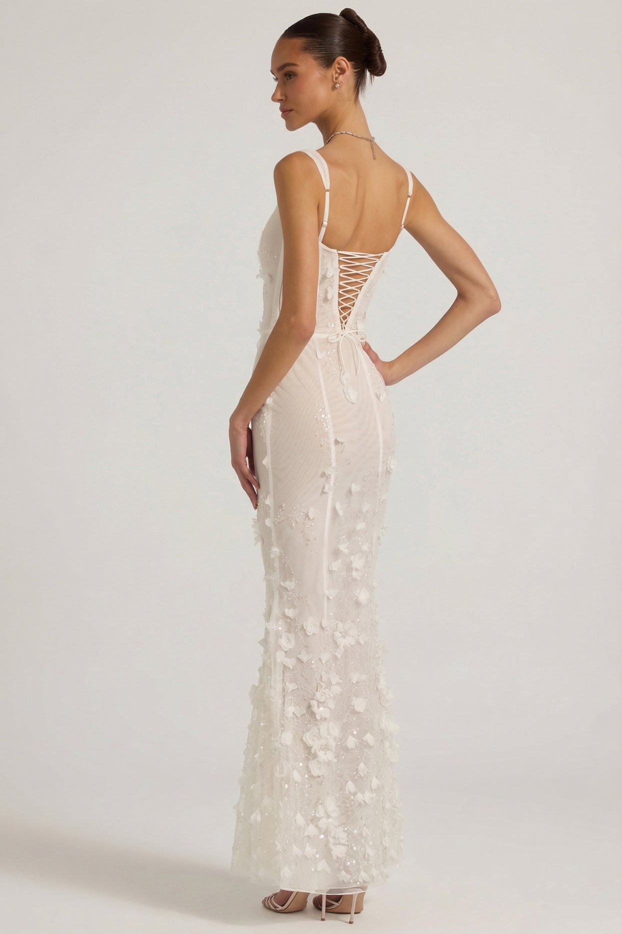 Embellished Appliqué Soft-Scoop Corset Gown in White - 6
