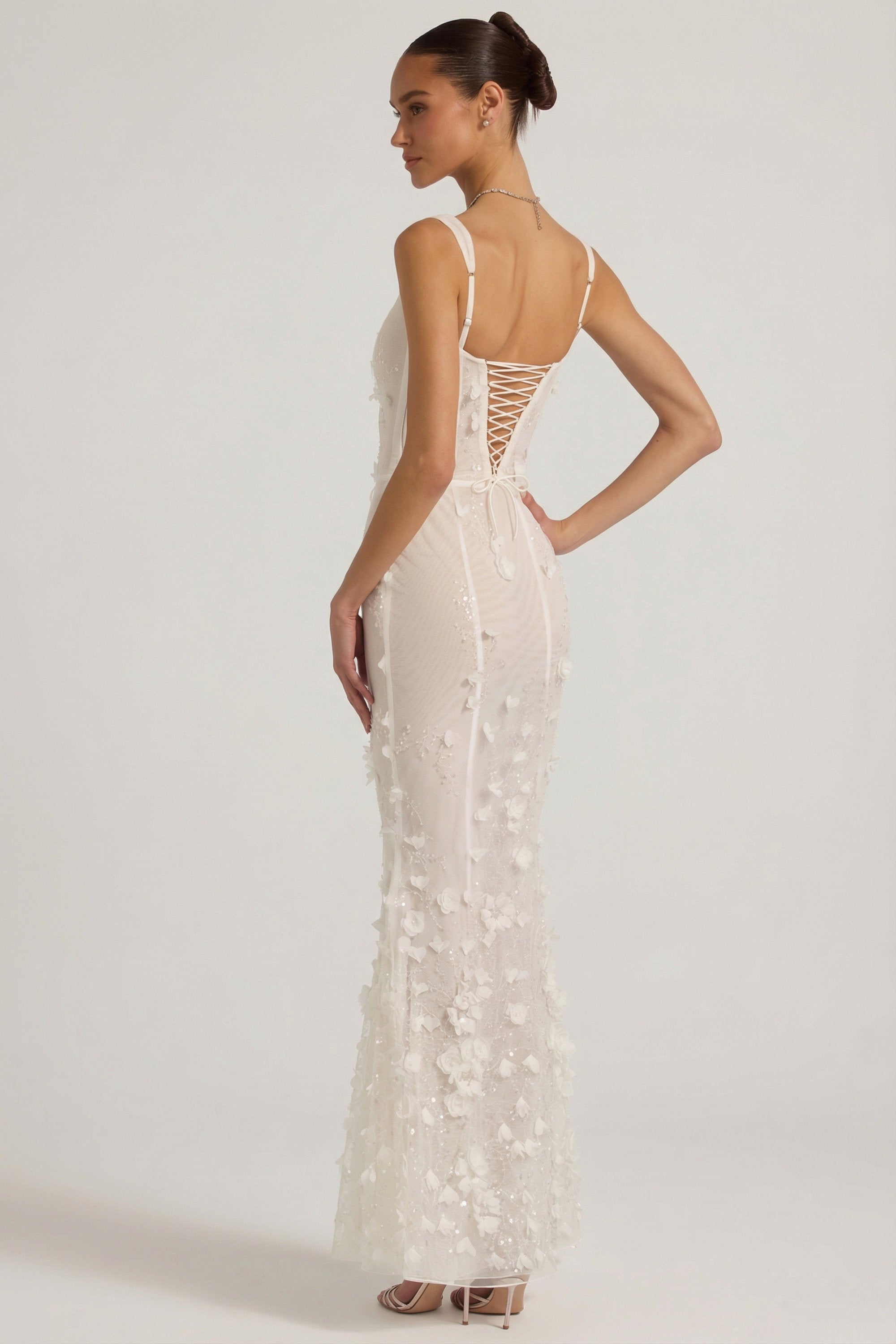 Embellished Appliqué Soft-Scoop Corset Gown in White