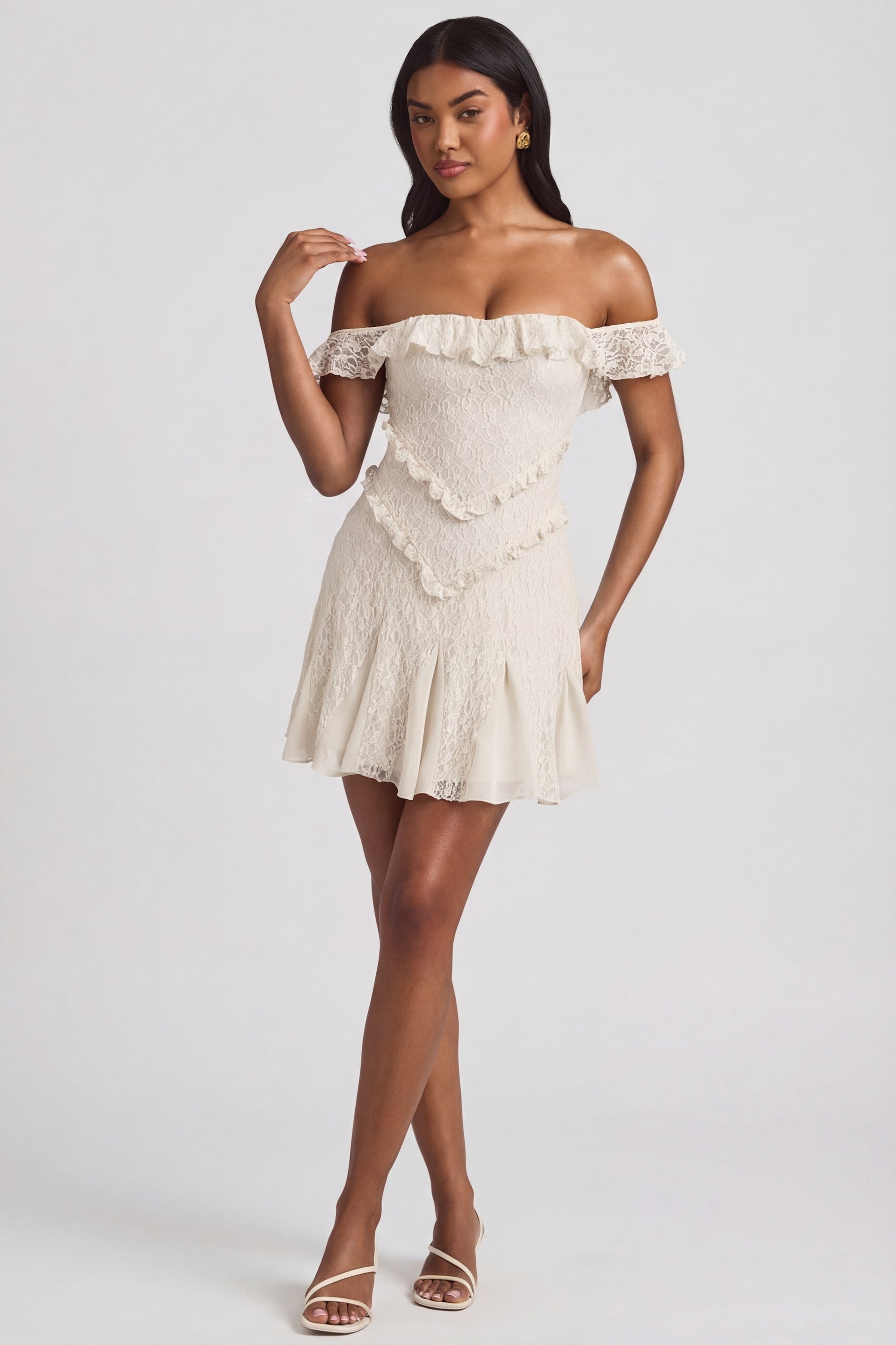 Nahida Off-Shoulder Lace A-Line Mini Dress in Ivory | Oh Polly