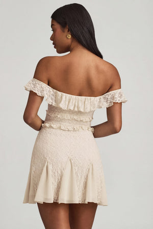 Off-Shoulder Lace A-Line Mini Dress in Ivory - S | Oh Polly Off-Shoulder Lace A-Line Mini Dress in Ivory - S | Oh Polly