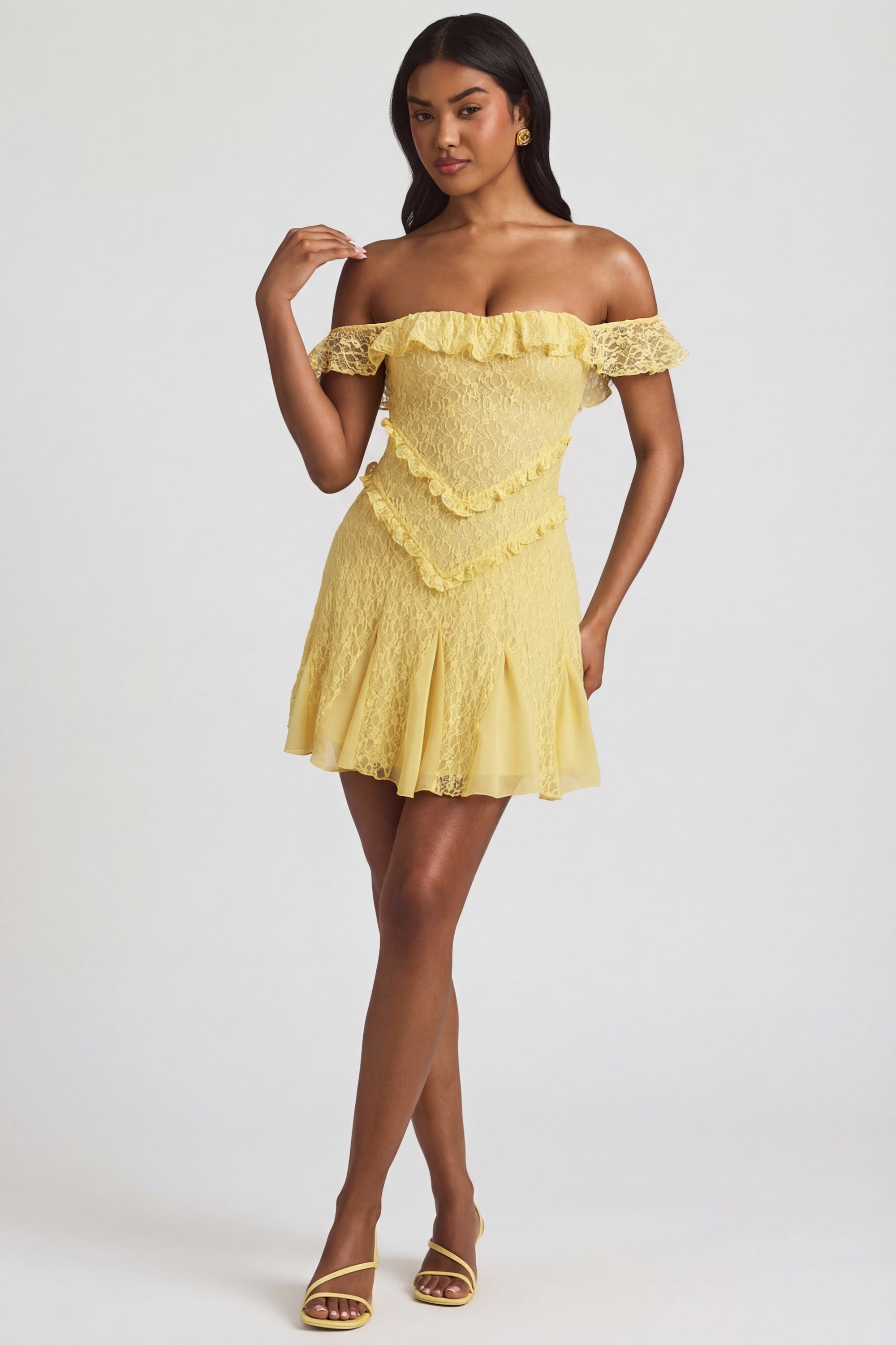 Nahida Off-Shoulder Lace A-Line Mini Dress in Pastel Yellow | Oh