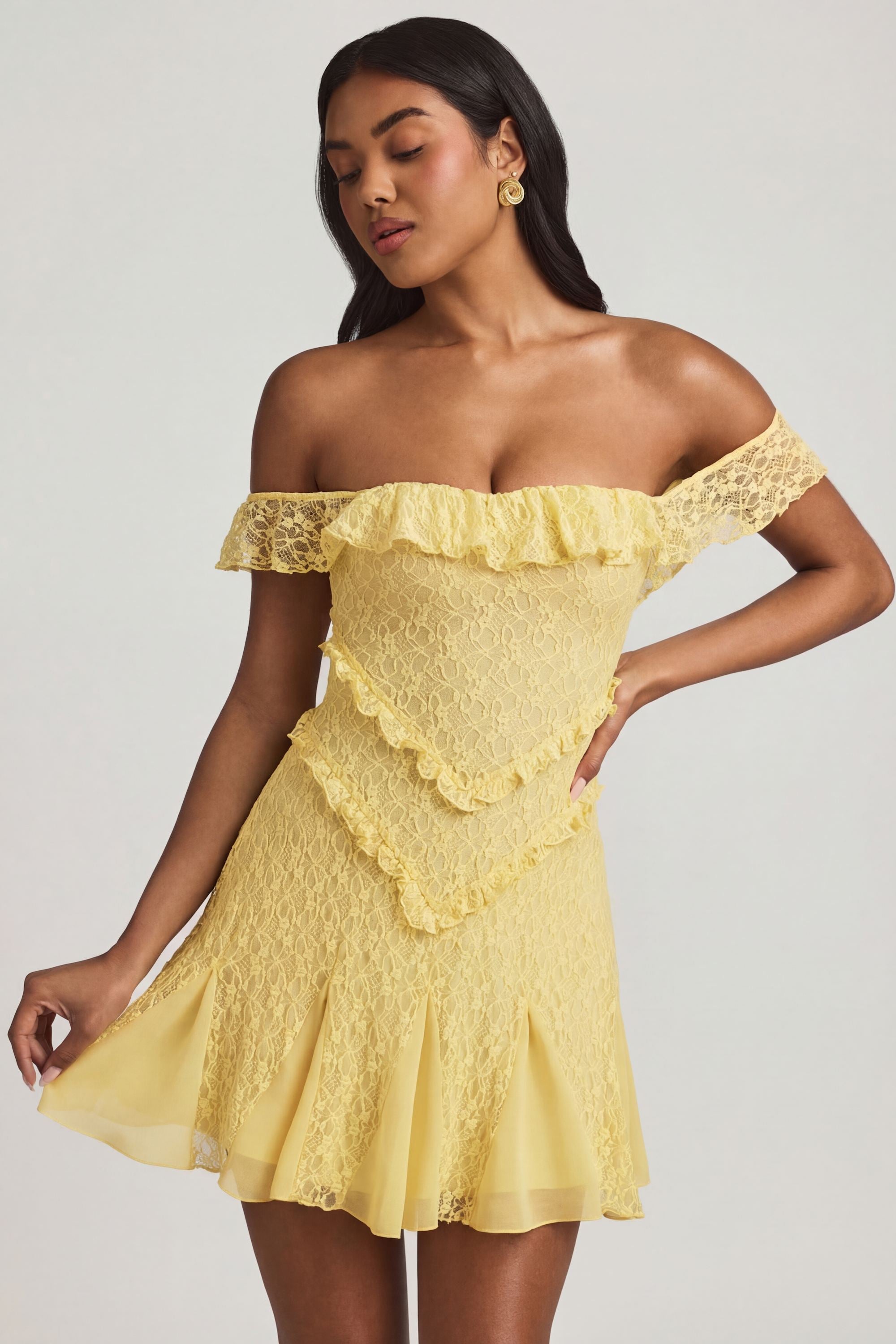 Off-Shoulder Lace A-Line Mini Dress in Pastel Yellow