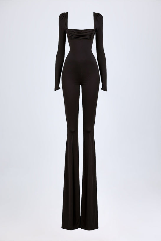 Square Neck Long Sleeve Jumpsuit in Black