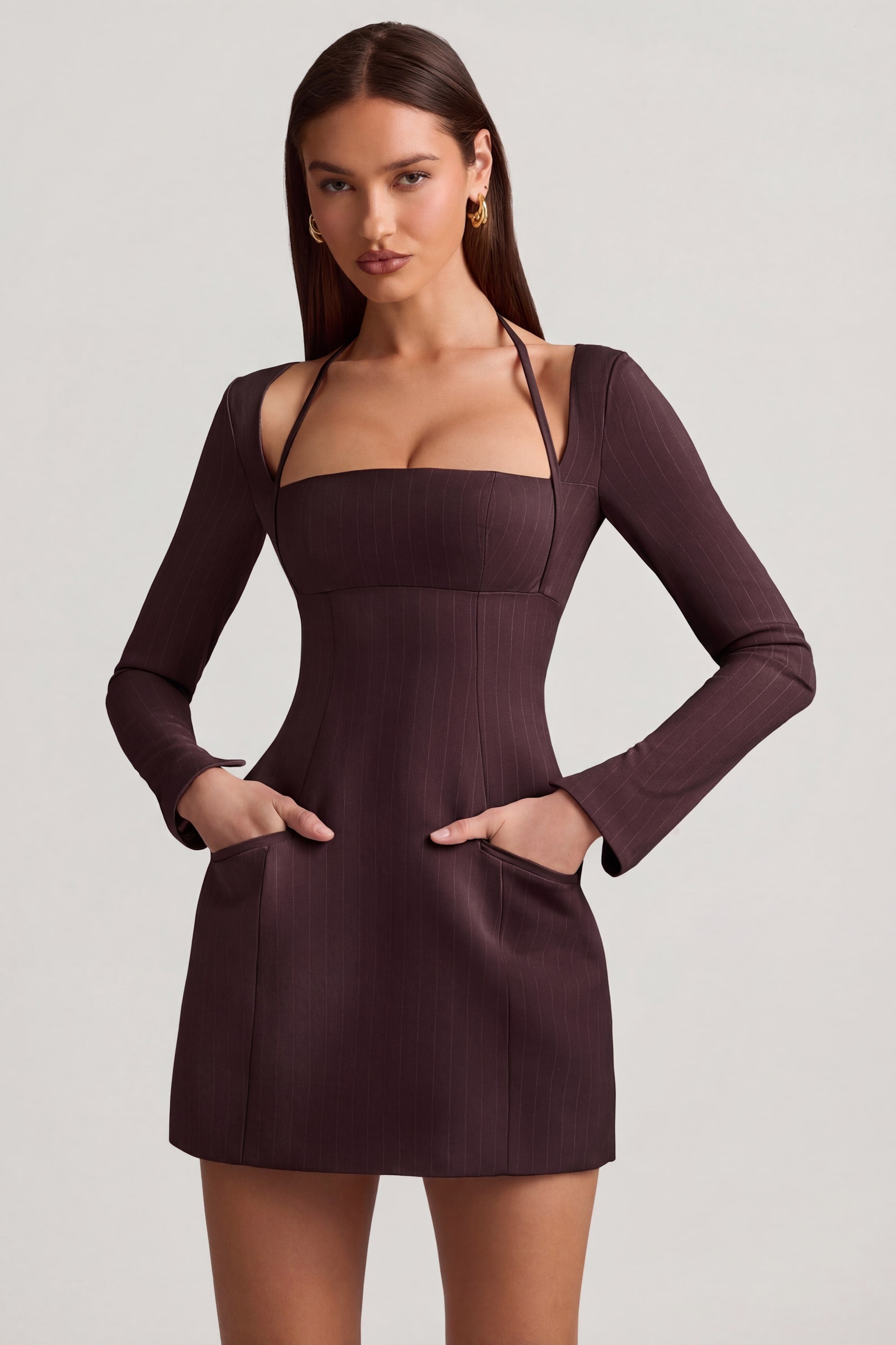Pinstripe Structured A-Line Mini Dress in Chocolate Brown - 6