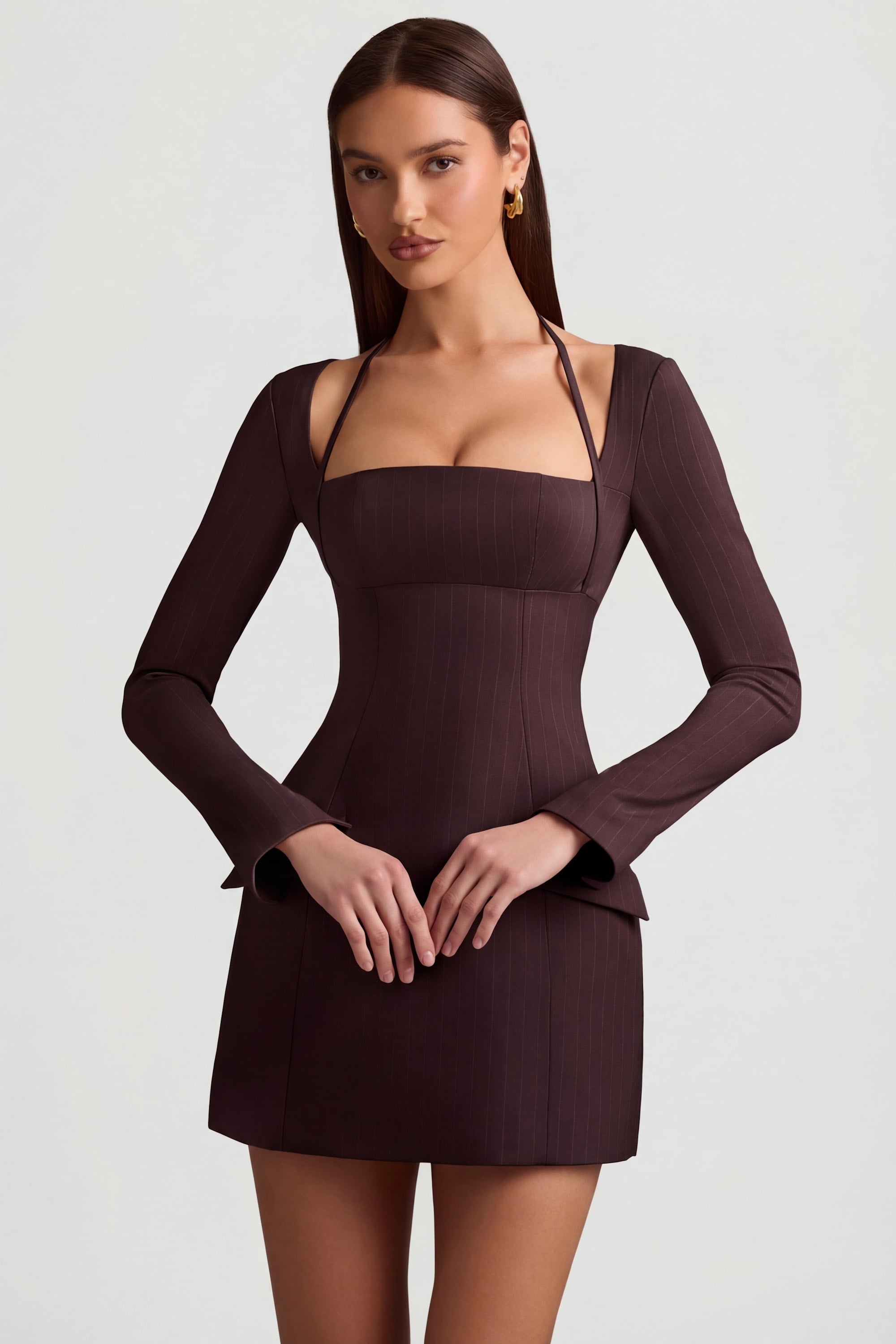 Pinstripe Structured A-Line Mini Dress in Chocolate Brown - 6