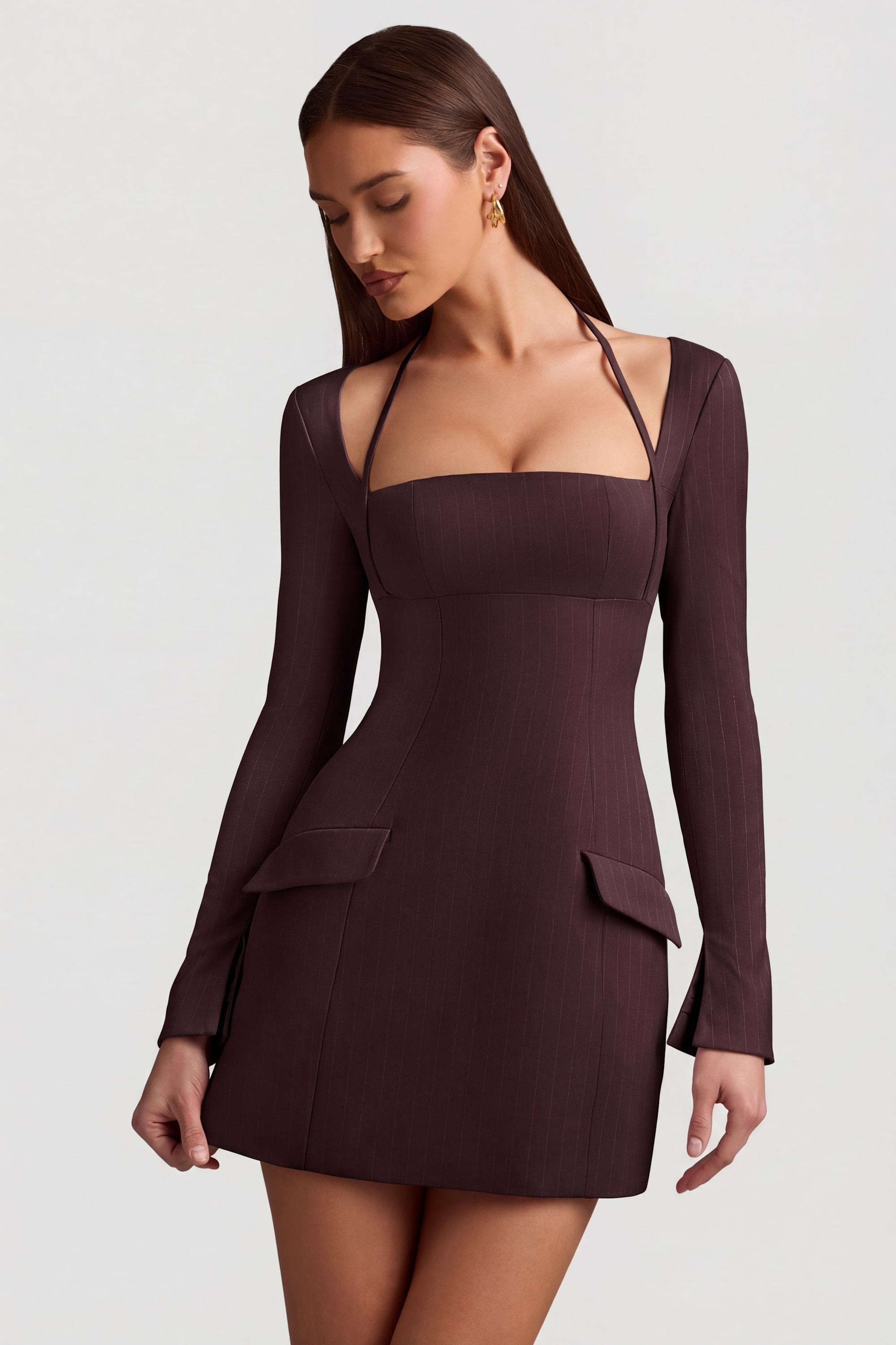 Ksenia Pinstripe Structured A-Line Mini Dress in Chocolate Brown