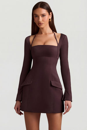 Oh Polly's Anna wearing the Ksenia Mini Dress in Chocolate Brown Stretch Woven fabric perfect for holiday events