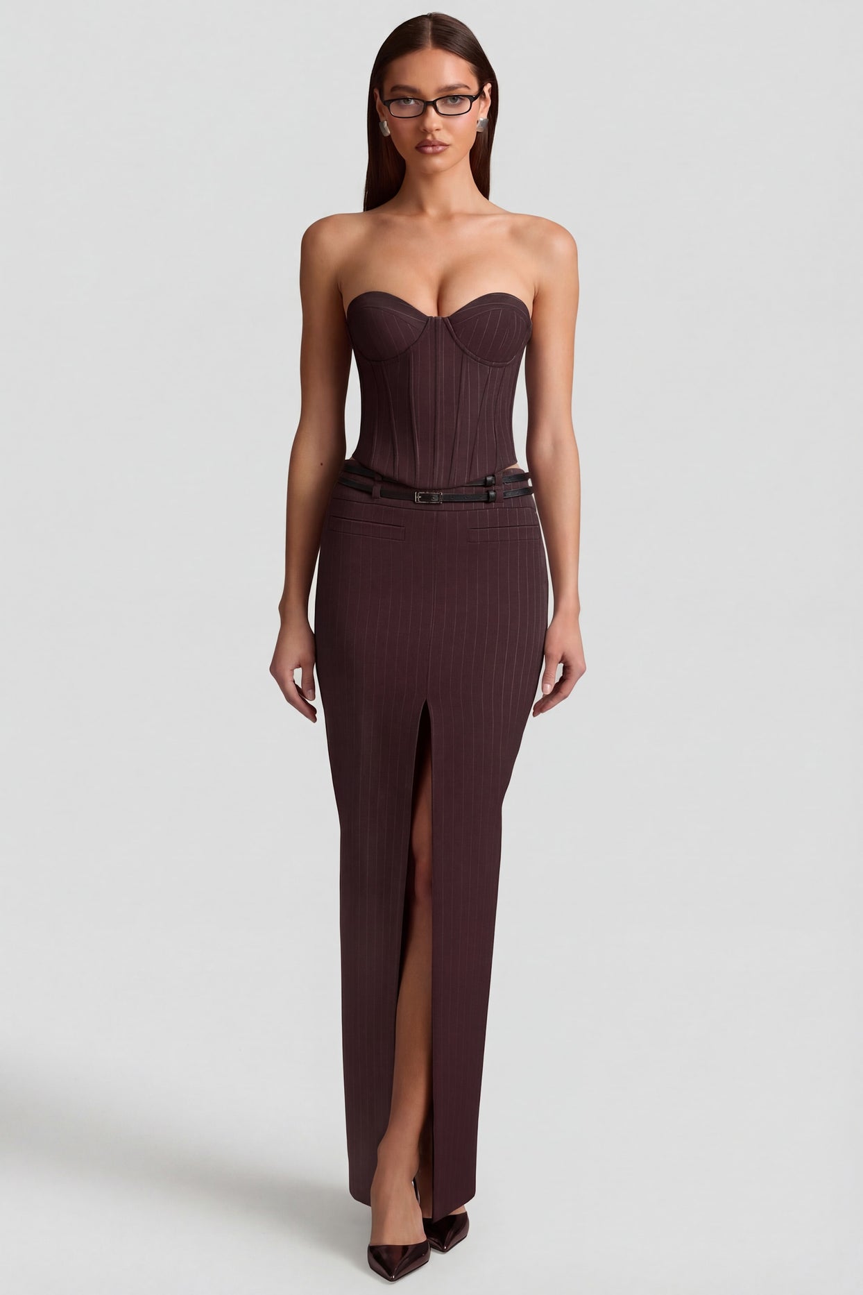 Pinstripe Low-Rise Maxi Skirt in Chocolate Brown - 8