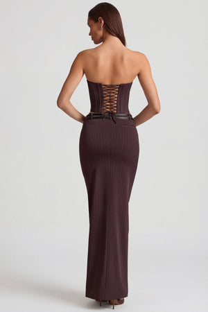 Oh Polly's Anna wearing the Liora Maxi Skirt in Chocolate Brown fabric perfect for date night