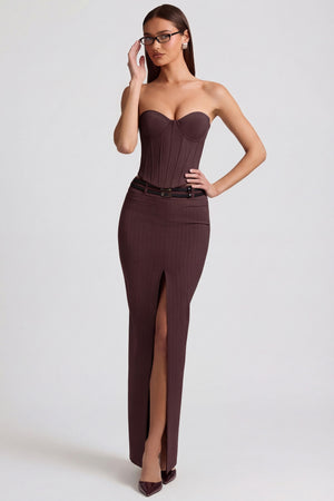 Oh Polly's Anna wearing the Liora Maxi Skirt in Chocolate Brown fabric perfect for holiday gatherings