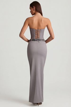 Oh Polly's Anna wearing the Liora Maxi Skirt in Grey fabric perfect for summer garden parties