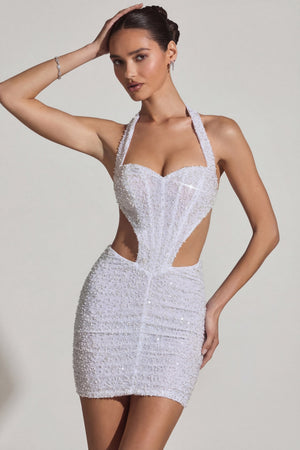 Embellished Cut-Out Halterneck Mini Dress in White - 12 | Oh Polly Embellished Cut-Out Halterneck Mini Dress in White - 12 | Oh Polly