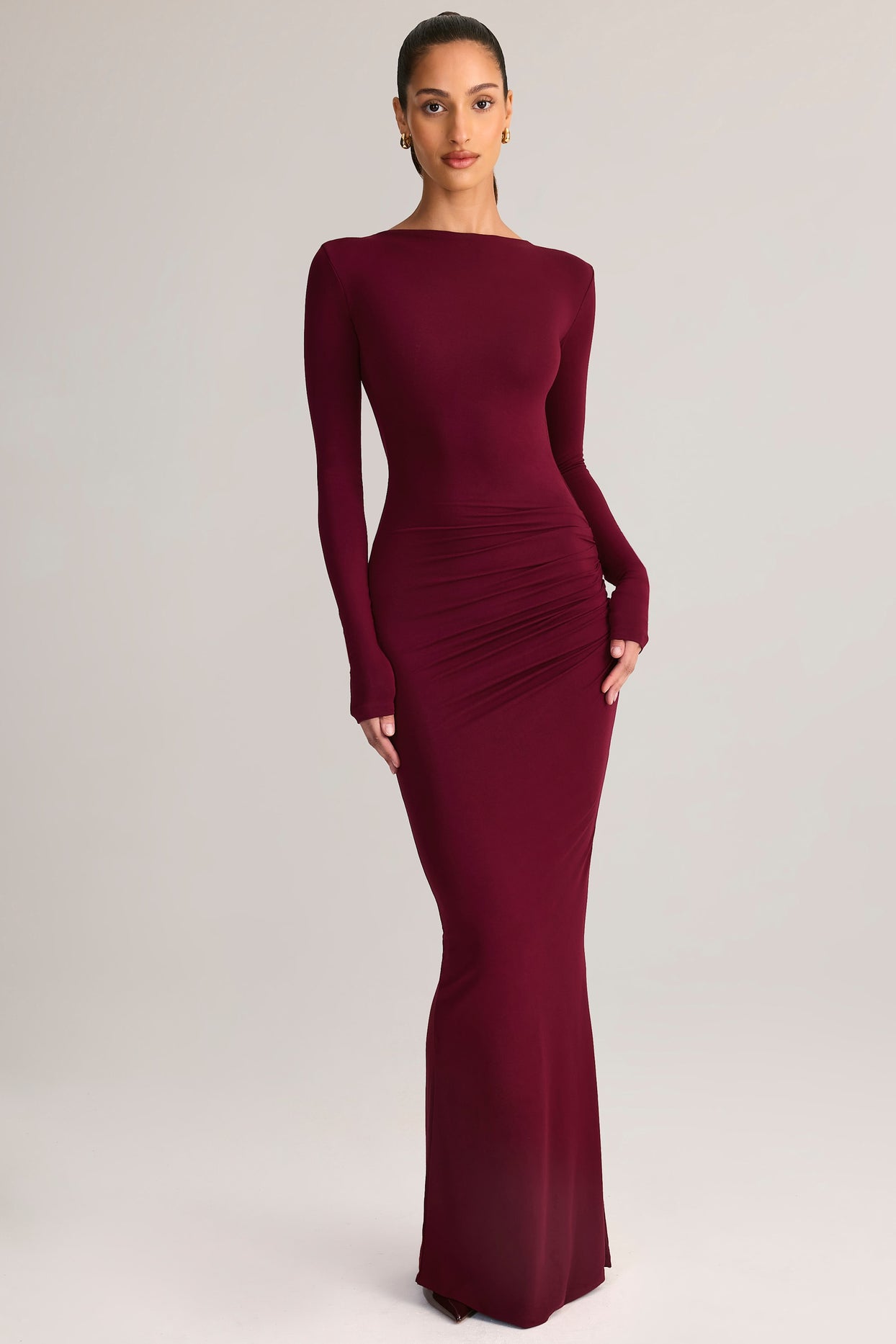 Modal Ruched Backless Maxi Dress in Wine - 9