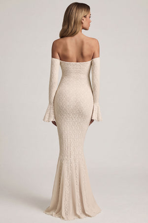 Off-Shoulder Ruffle Lace Maxi Dress in Ivory - XXS | Oh Polly Off-Shoulder Ruffle Lace Maxi Dress in Ivory - XXS | Oh Polly