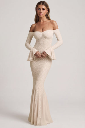 Verena Off-Shoulder Ruffle Lace Maxi Dress in Ivory | Oh Polly Verena Off-Shoulder Ruffle Lace Maxi Dress in Ivory | Oh Polly