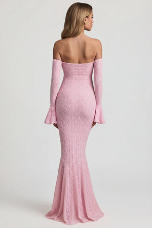 Off-Shoulder Ruffle Lace Maxi Dress in Soft Pink - M | Oh Polly Off-Shoulder Ruffle Lace Maxi Dress in Soft Pink - M | Oh Polly