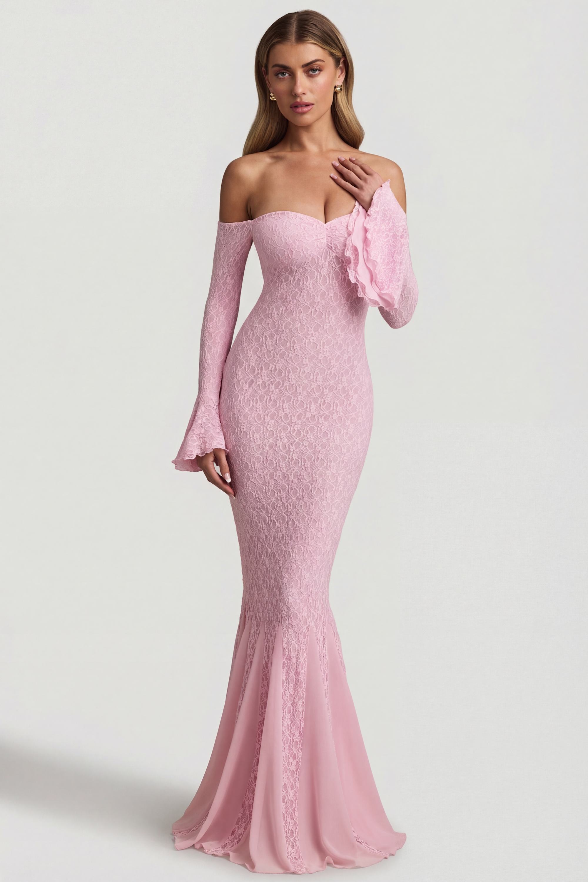 pink lace dress maxi PinkBlush Light Mesh Overlay Plus Heavyweight chiffon fabric Women's Hollywood Smiles Glittered Lace-Up