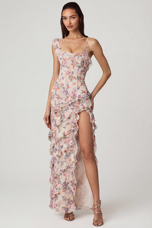 Oh Polly's Anna wearing the Hera Maxi Dress in Primose Floral Print Chiffon fabric perfect for summer garden parties