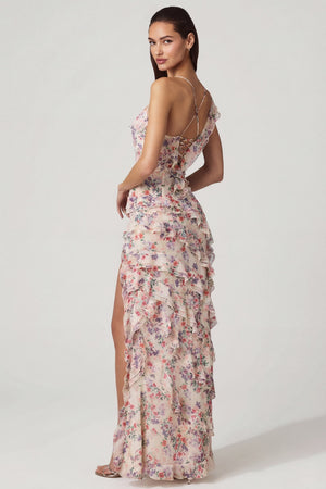 Oh Polly's Anna wearing the Hera Maxi Dress in Primose Floral Print Chiffon fabric perfect for spring weddings