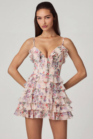 Oh Polly's Anna wearing the Lolina Mini Dress in Primose Floral Print Mesh fabric perfect for wedding guest style