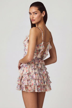 Oh Polly's Anna wearing the Lolina Mini Dress in Primose Floral Print Mesh fabric perfect for brunch with friends