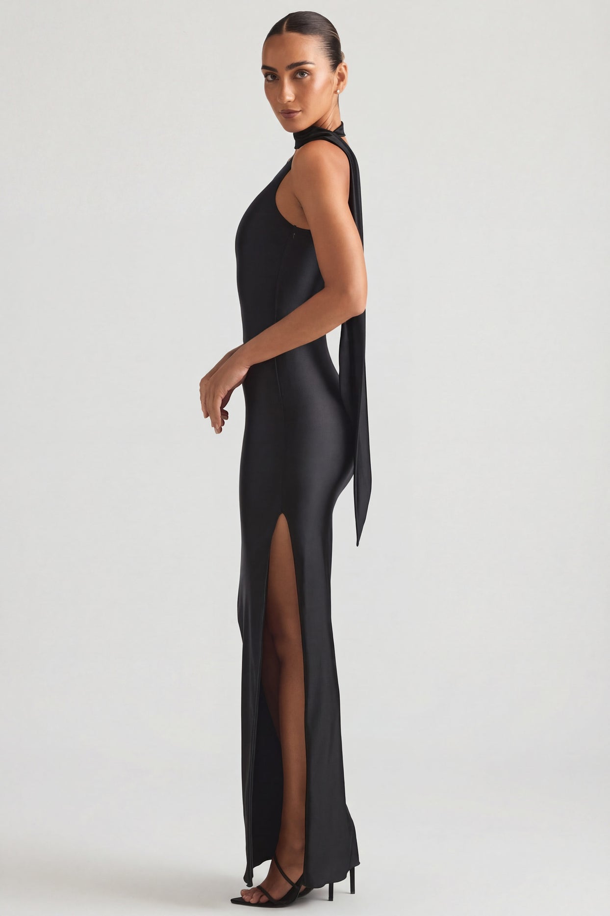 Asymmetric Scarf-Detail Maxi Dress in Black - 6