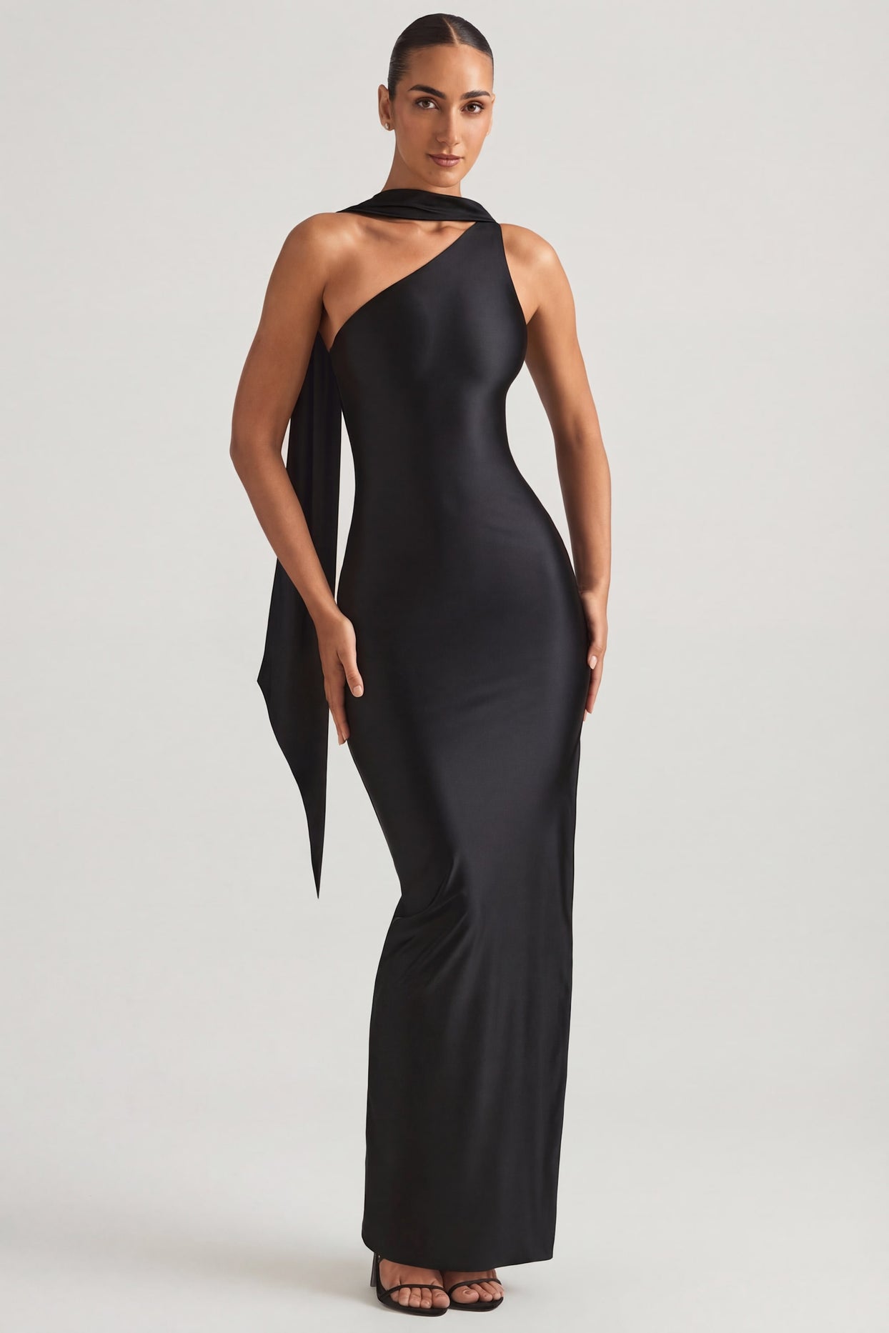 Asymmetric Scarf-Detail Maxi Dress in Black - 7