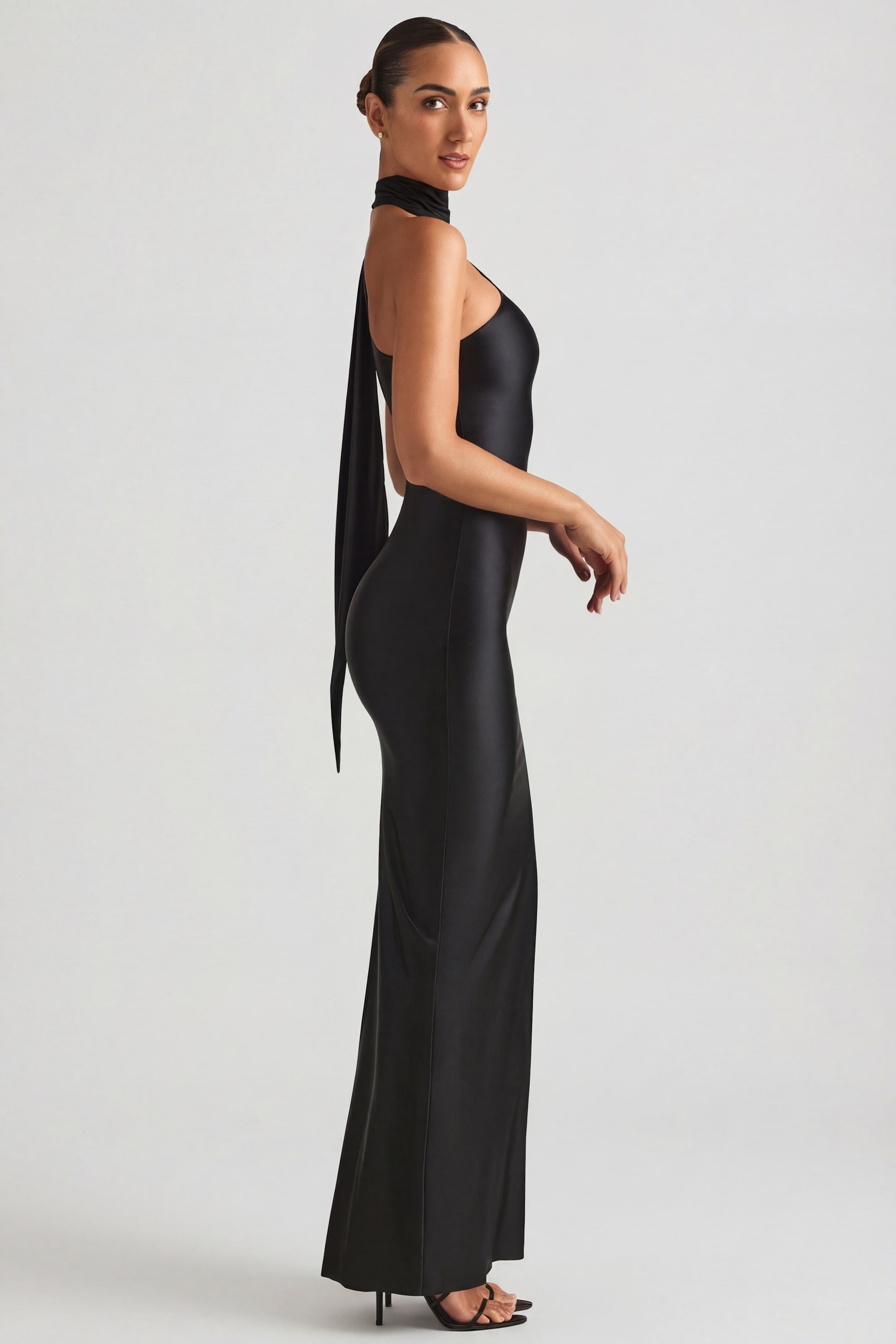 black dress with scarf Women's Woven Detail Bandeau Shift Featuring a deep V plunge neckline and a fitted bodice Rawya Black Strapless Maxi Dress